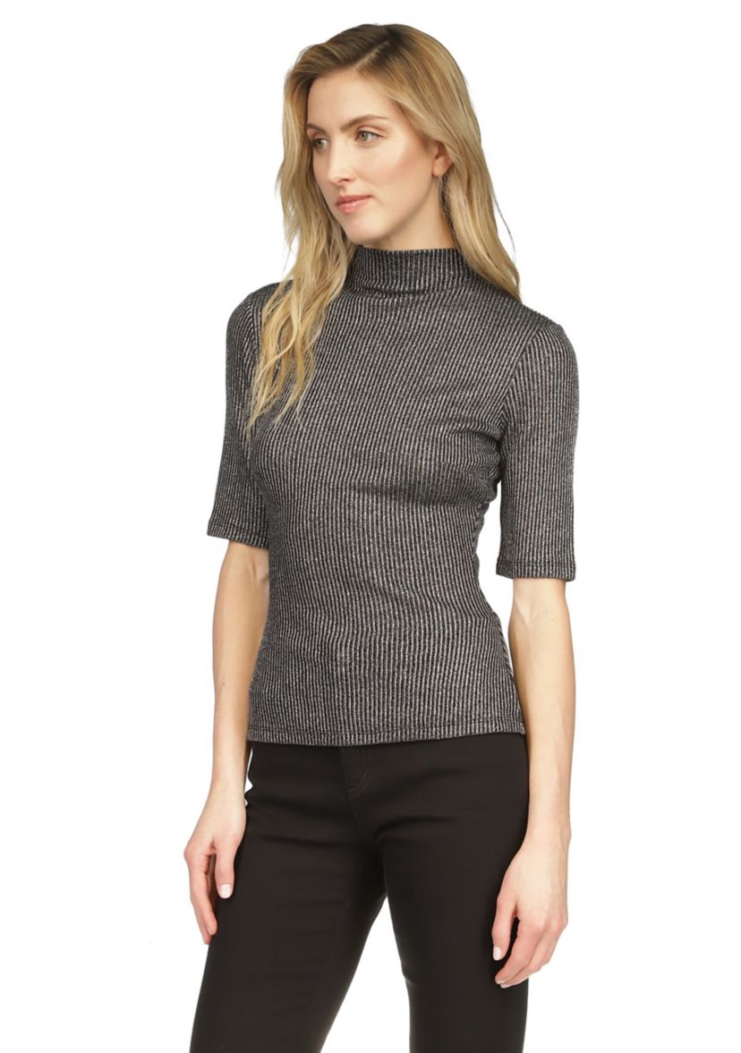 Womens Elbow Metallic Mock Neck Top 