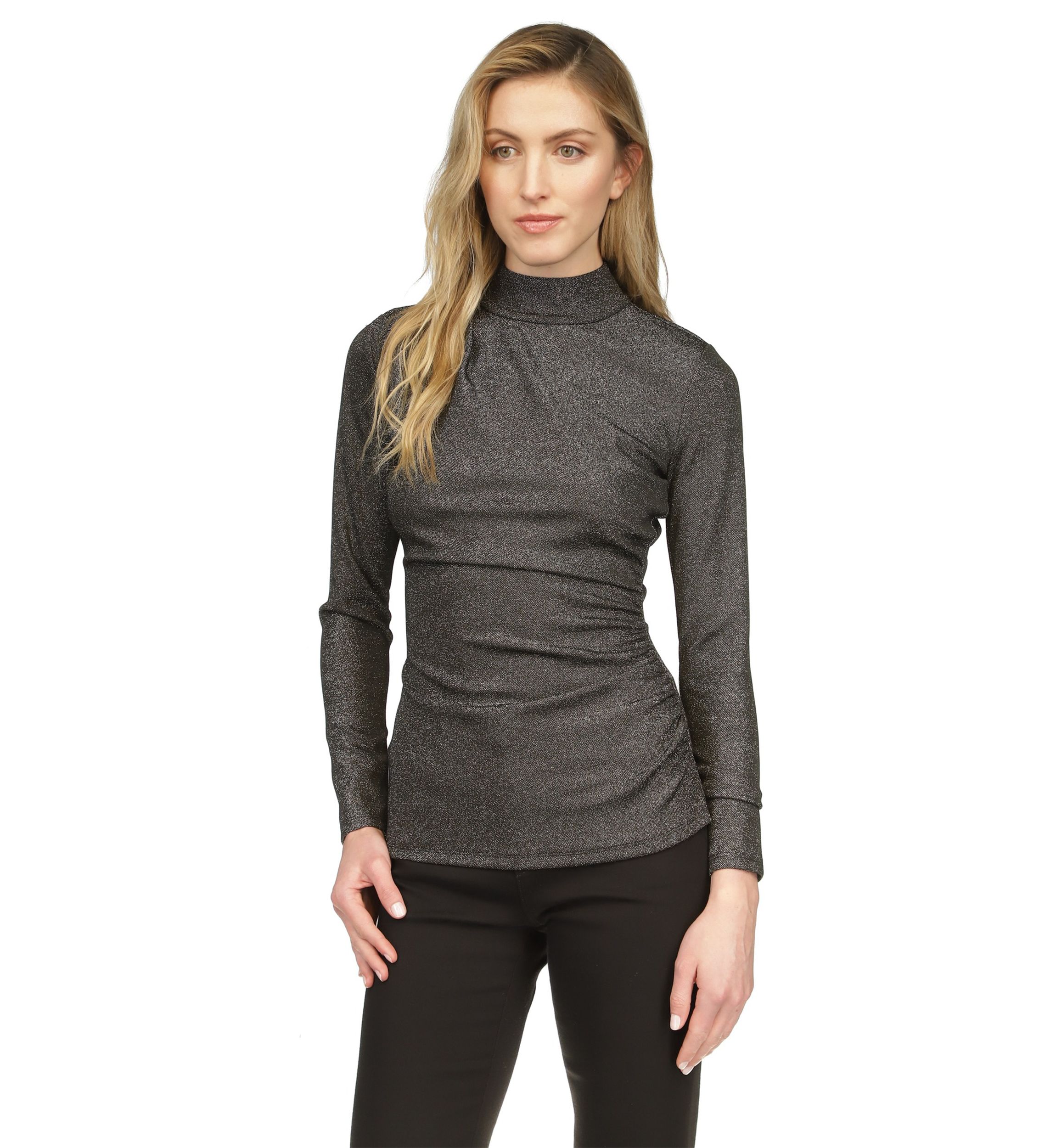 Womens Ruched Mock Neck Glitter Knit Top