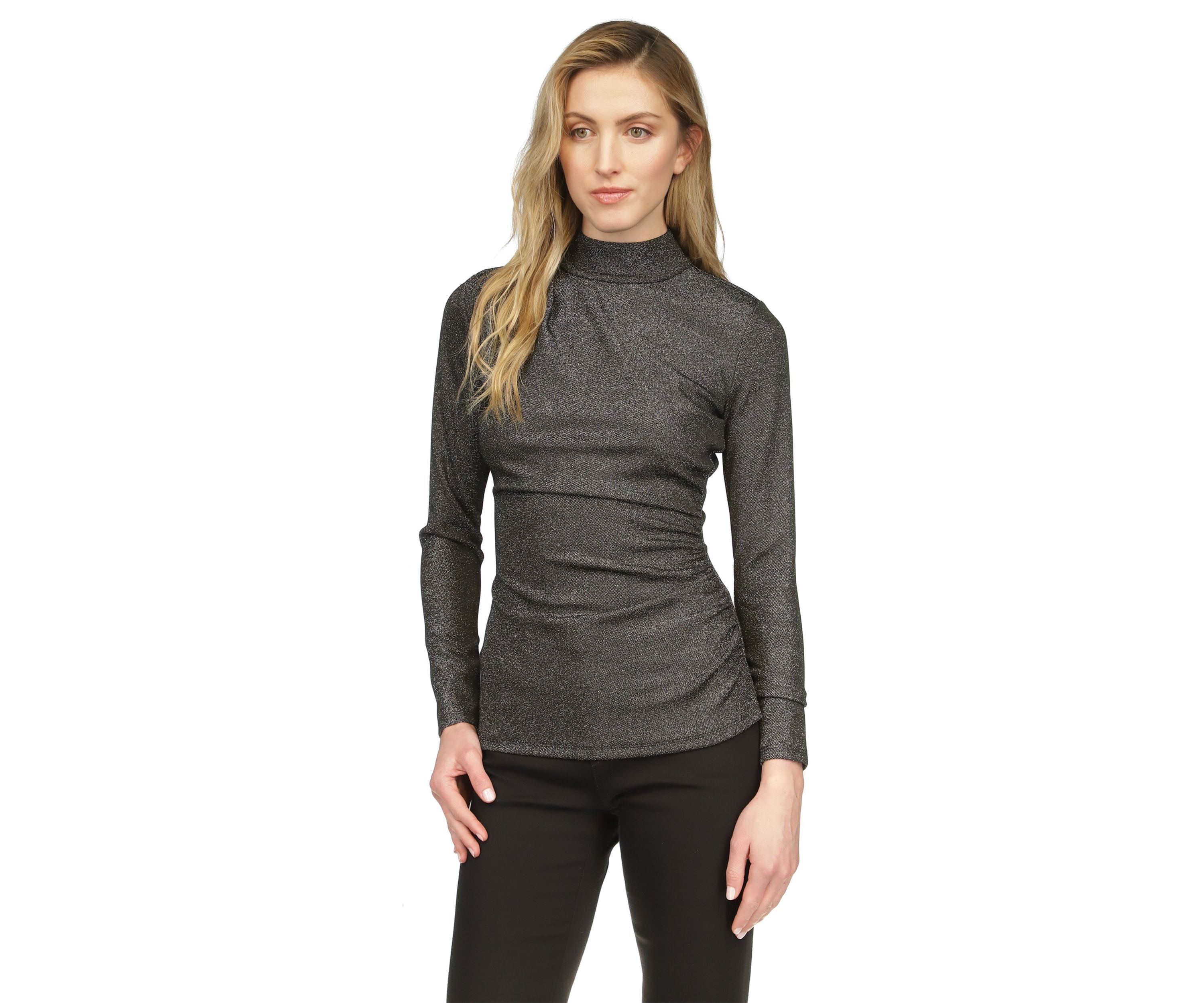 Womens Ruched Mock Neck Glitter Knit Top