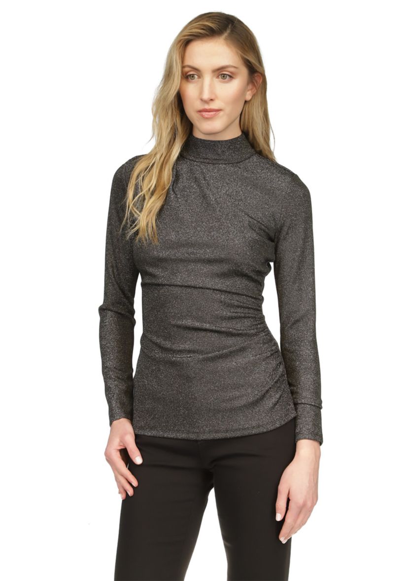 Womens Ruched Mock Neck Glitter Knit Top