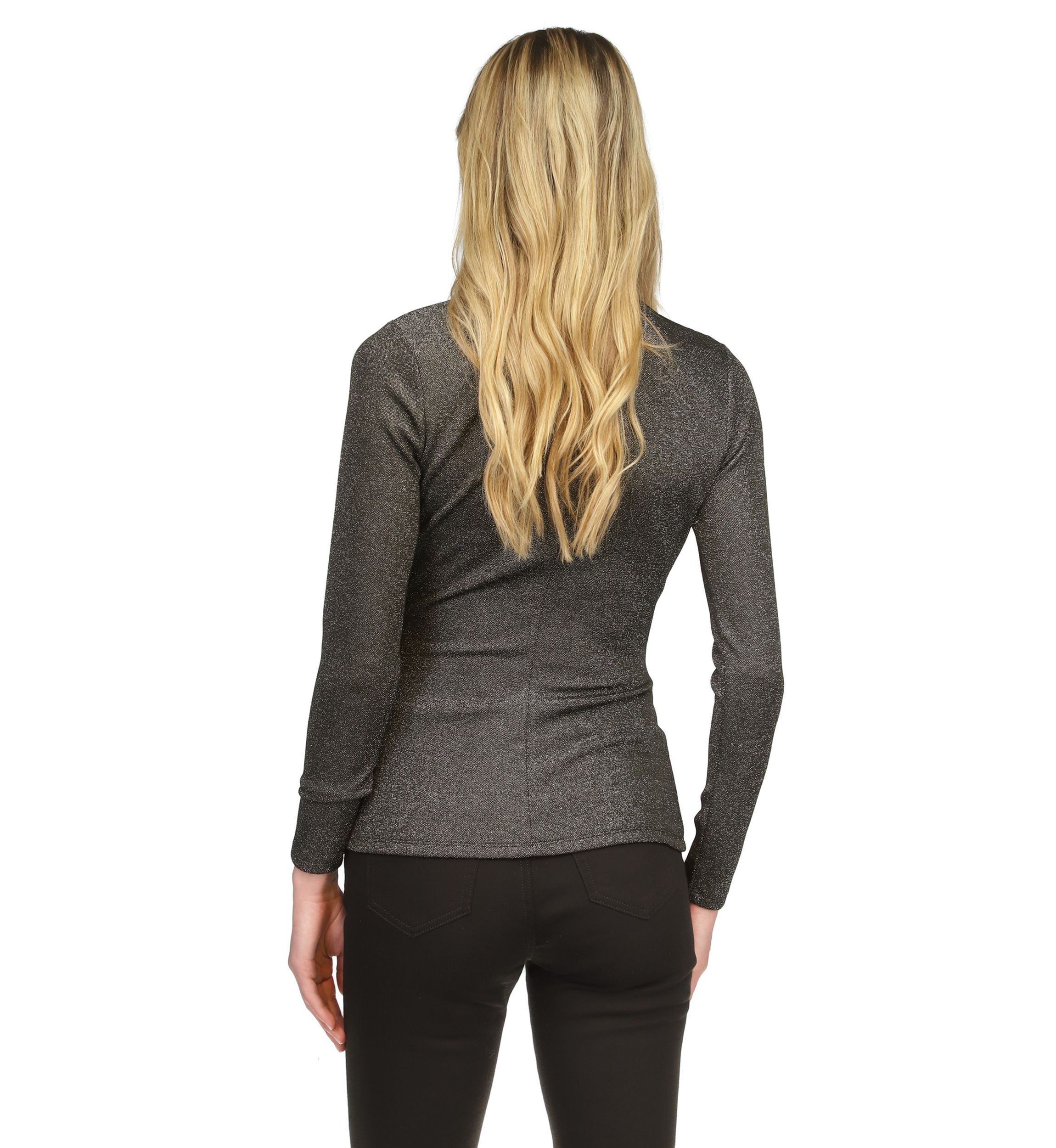 Womens Ruched Mock Neck Glitter Knit Top