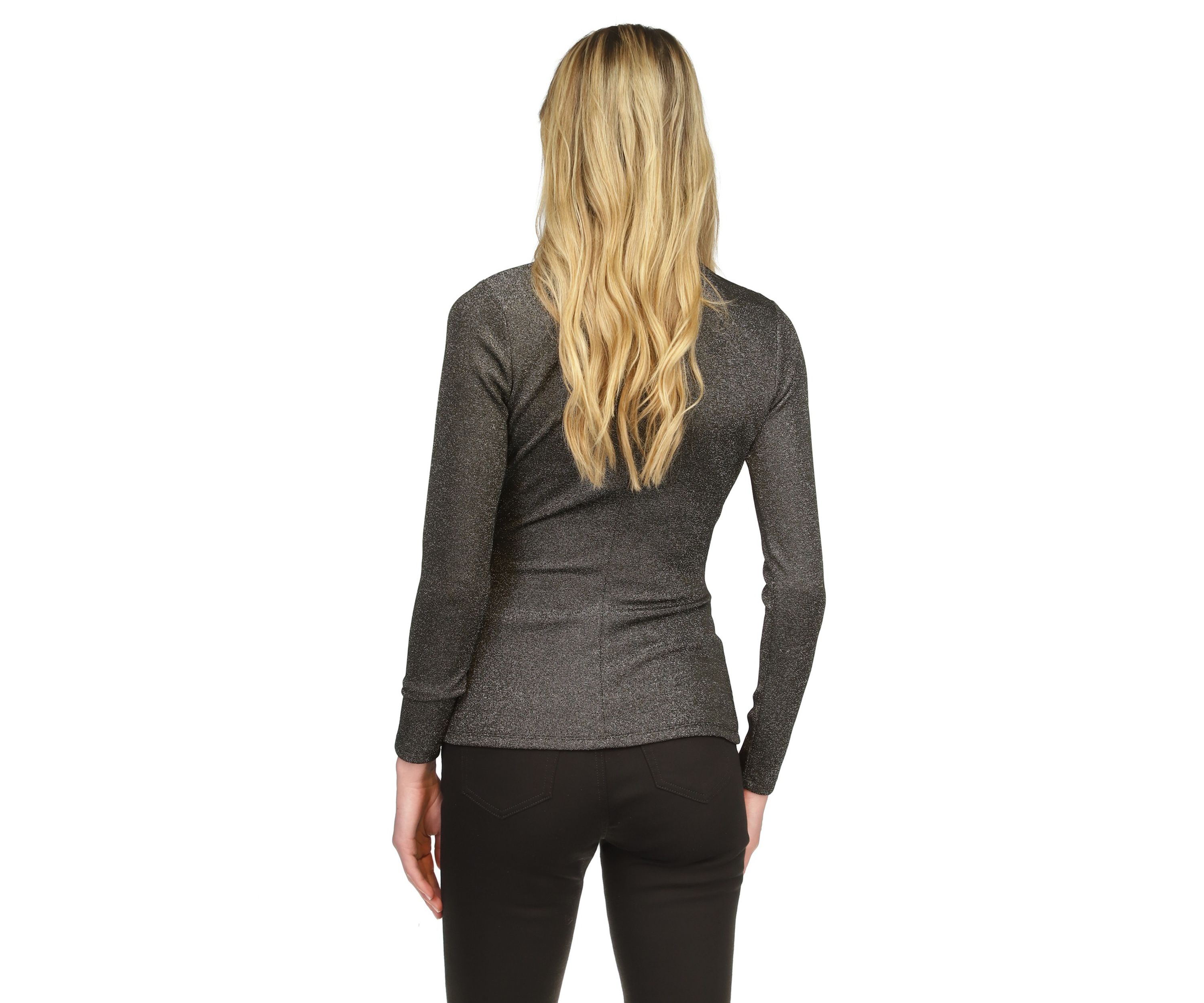 Womens Ruched Mock Neck Glitter Knit Top