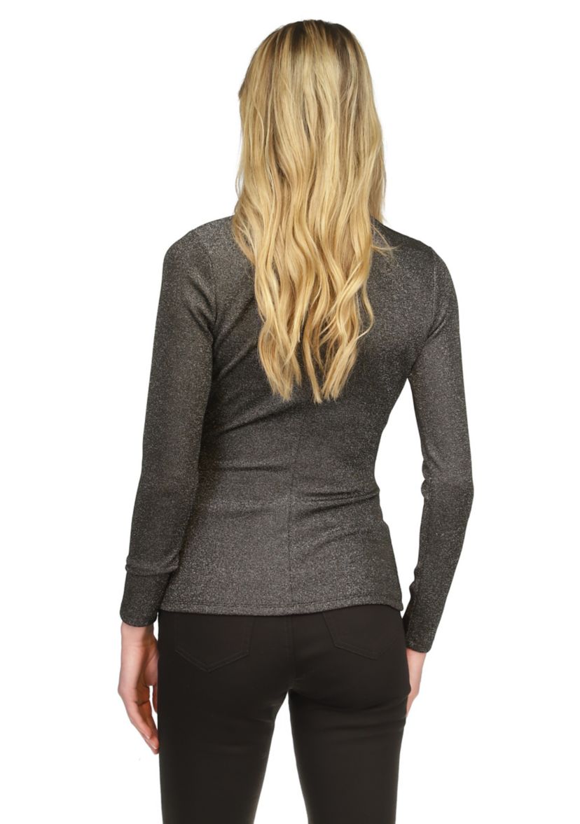 Womens Ruched Mock Neck Glitter Knit Top