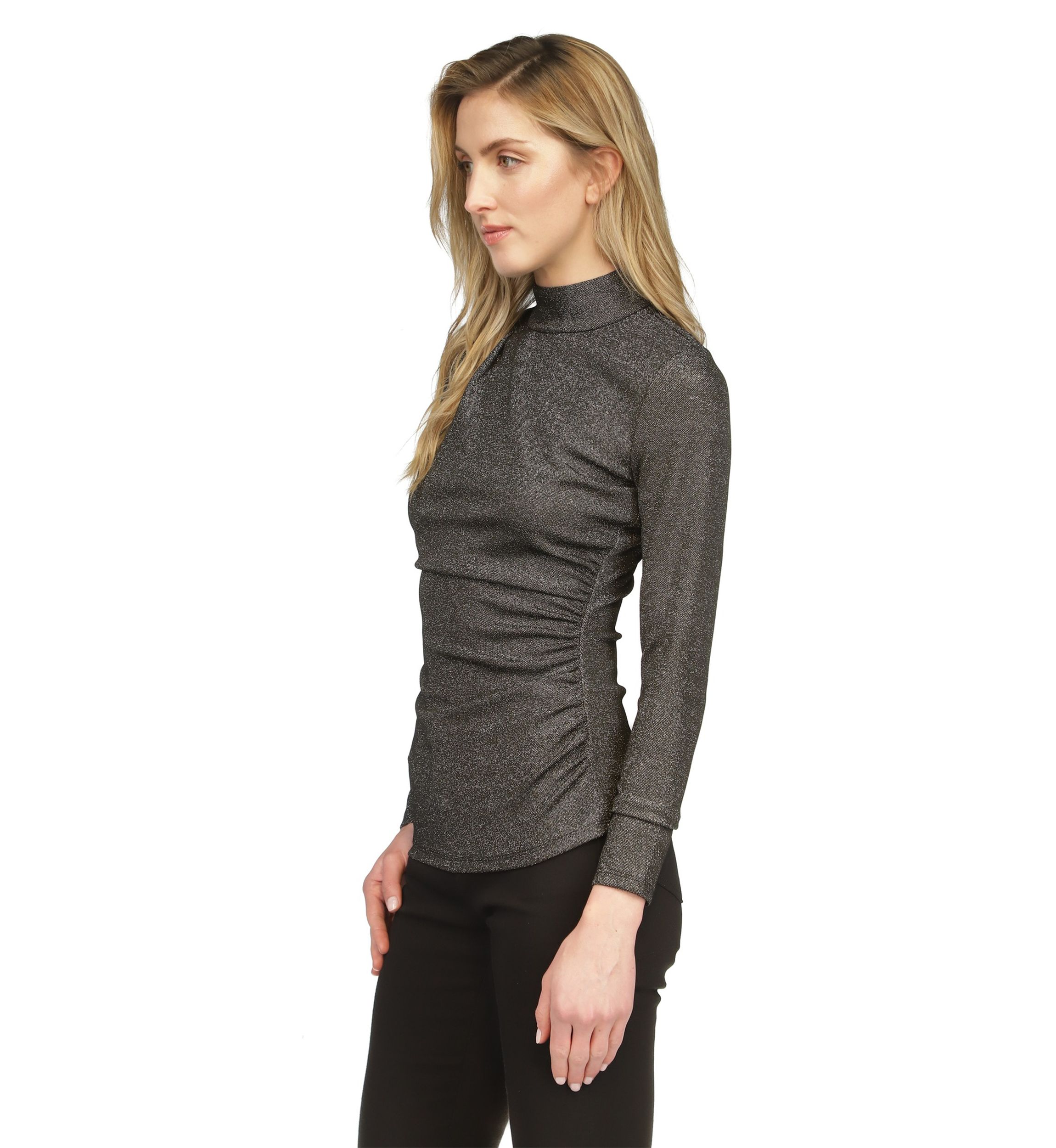 Womens Ruched Mock Neck Glitter Knit Top