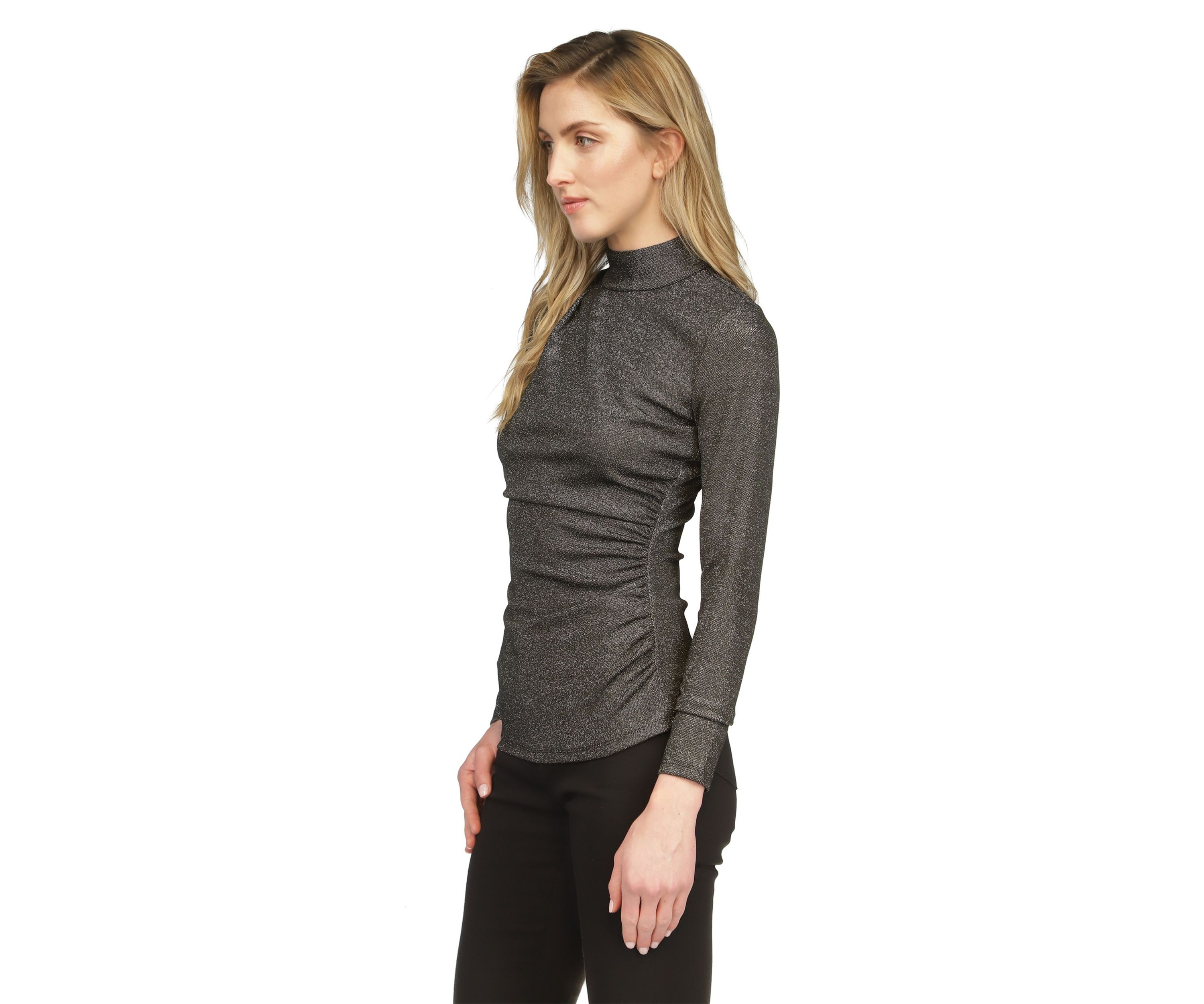 Womens Ruched Mock Neck Glitter Knit Top