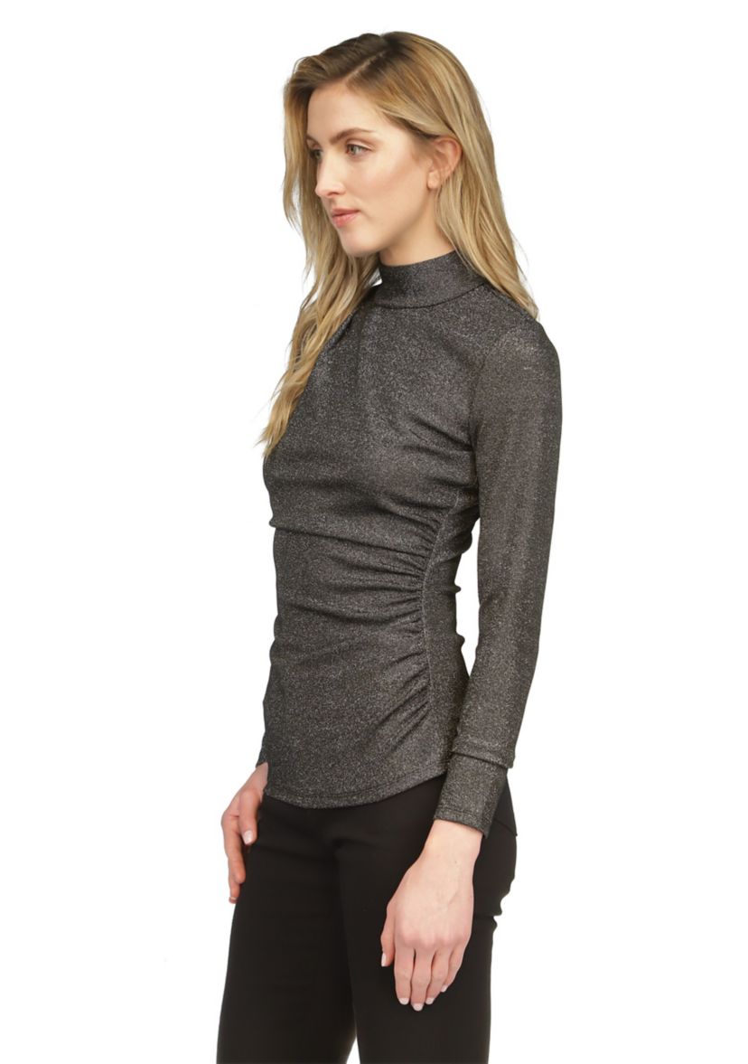 Womens Ruched Mock Neck Glitter Knit Top