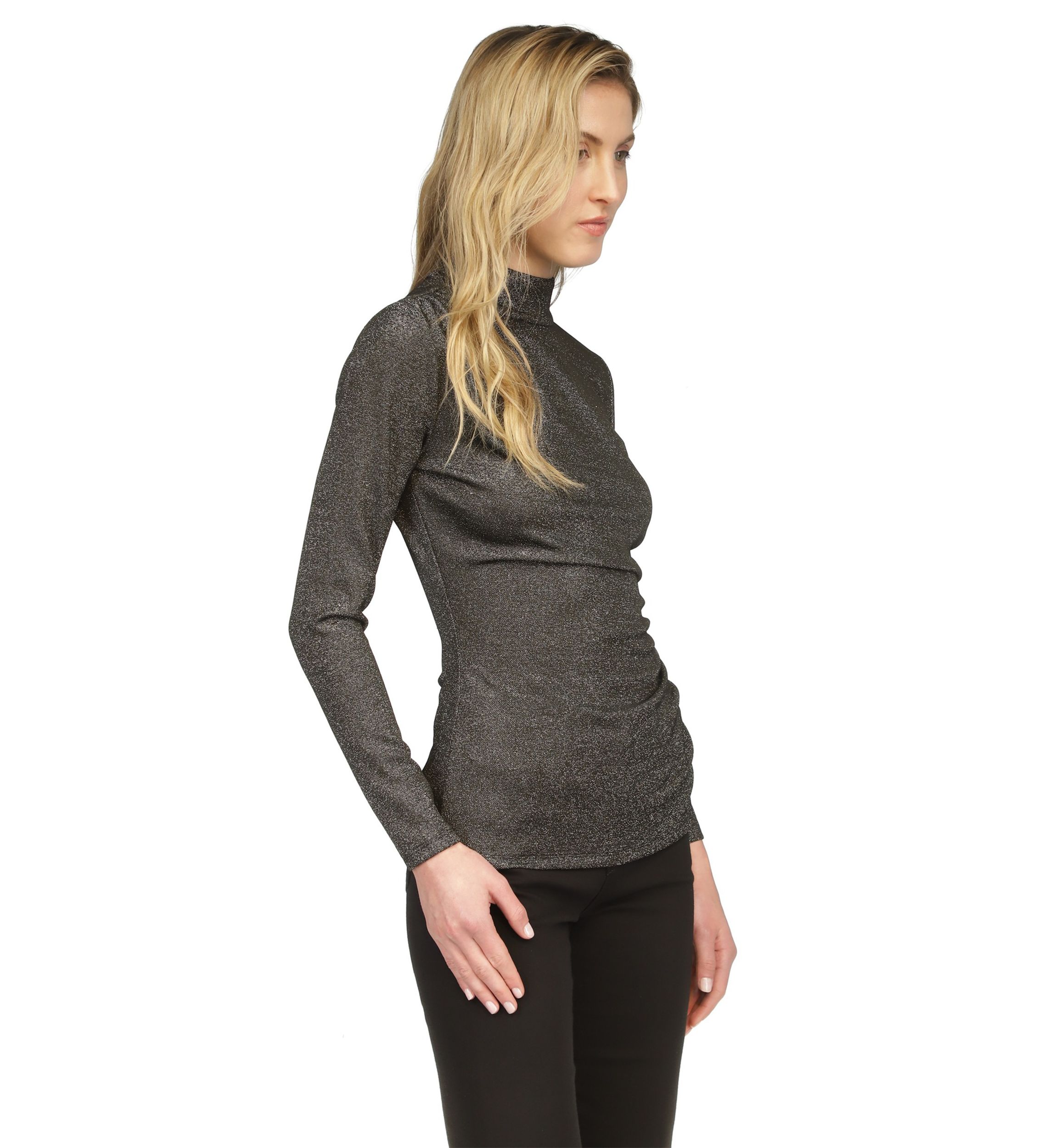 Womens Ruched Mock Neck Glitter Knit Top