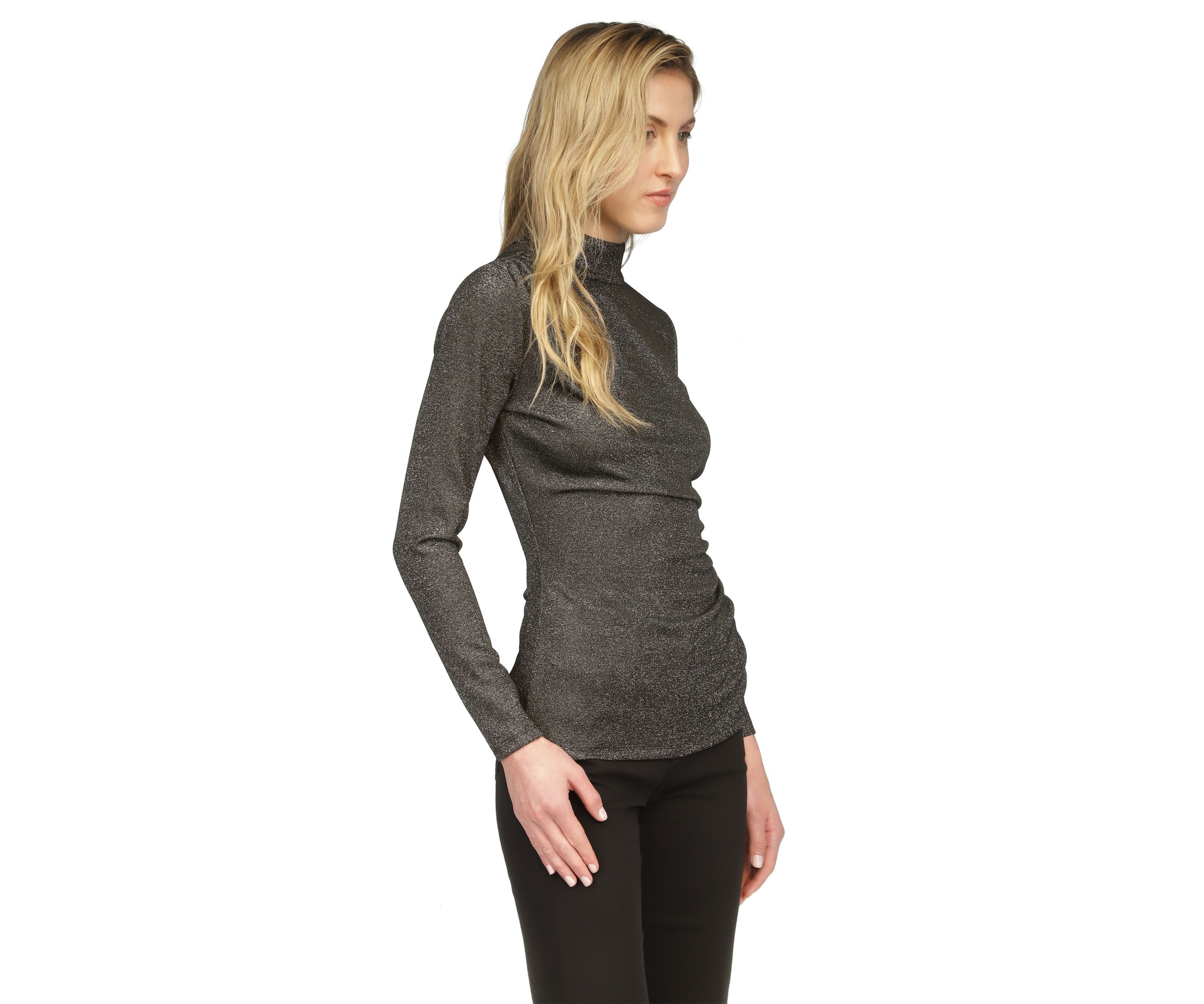 Womens Ruched Mock Neck Glitter Knit Top