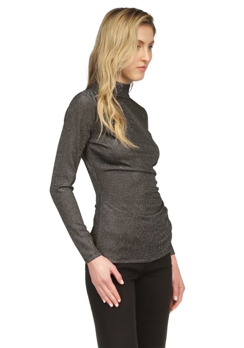 Womens Ruched Mock Neck Glitter Knit Top