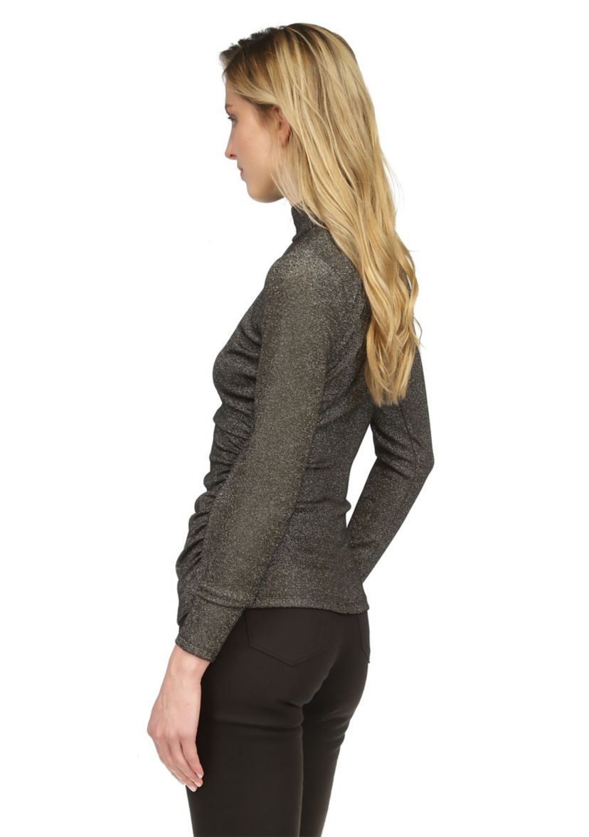 Womens Ruched Mock Neck Glitter Knit Top