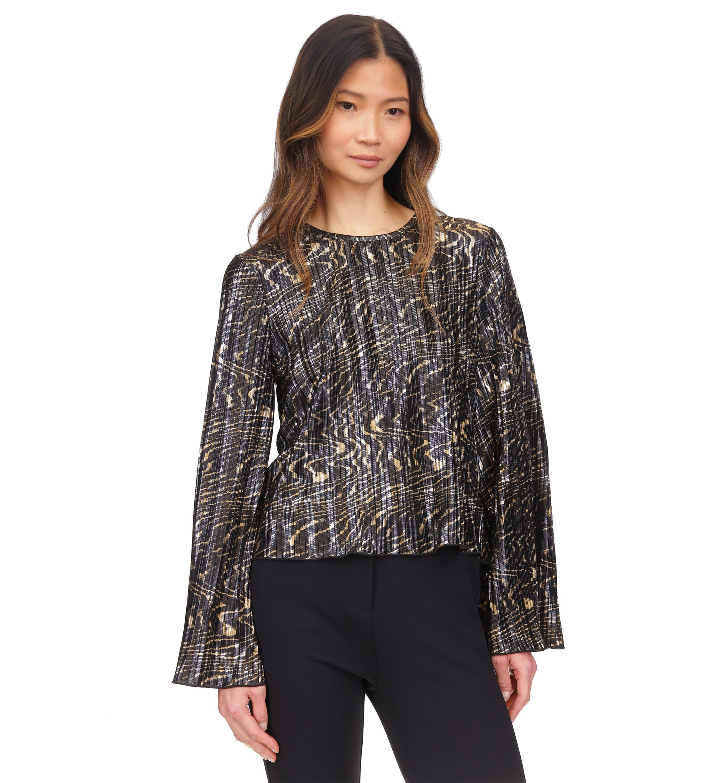 Womens Flare Sleeve Foil Print Blouse