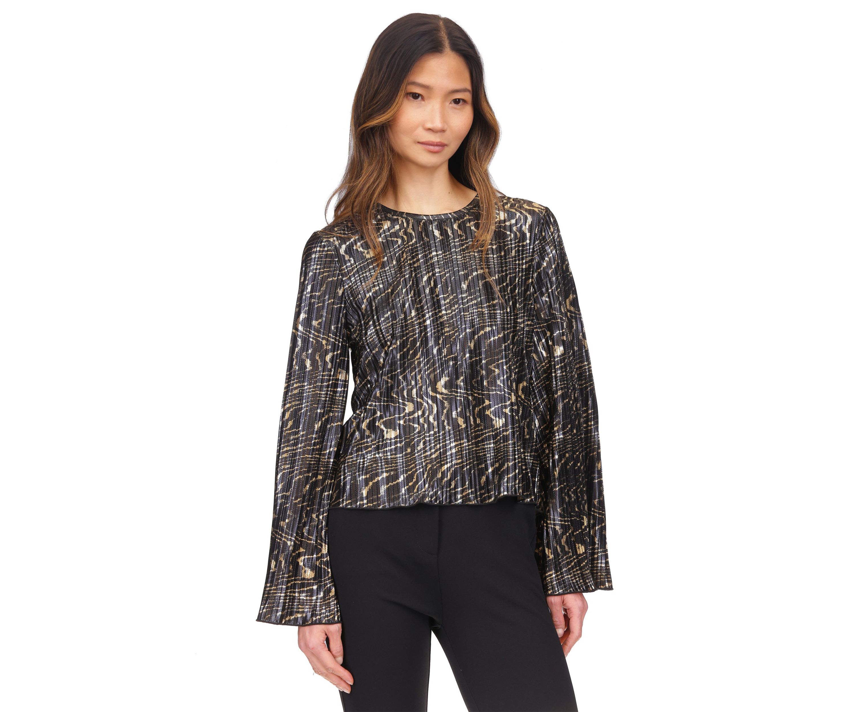 Womens Flare Sleeve Foil Print Blouse
