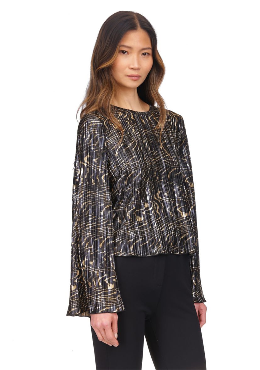 Womens Flare Sleeve Foil Print Blouse