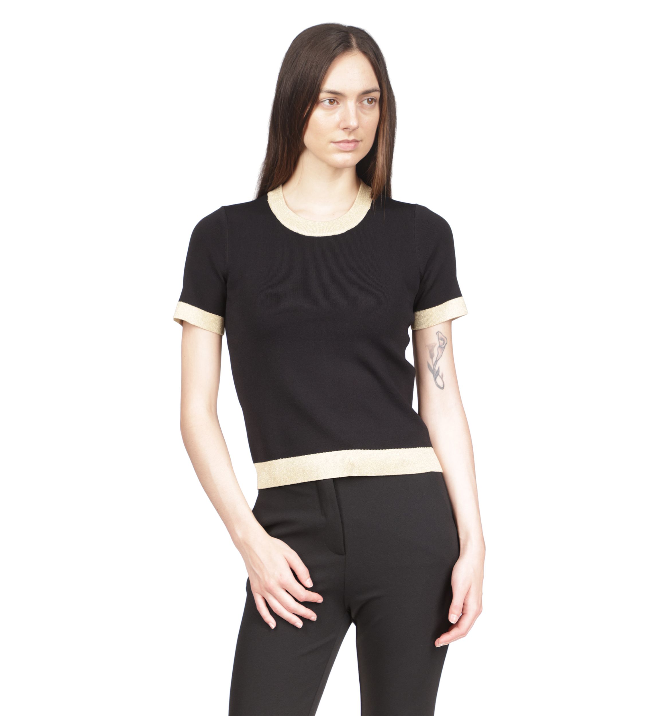 Womens Short Sleeve Metallic Trim Sweater 