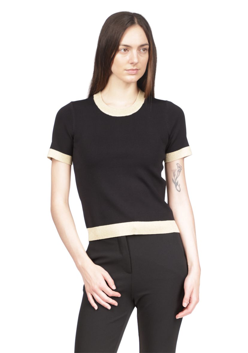 Womens Short Sleeve Metallic Trim Sweater 