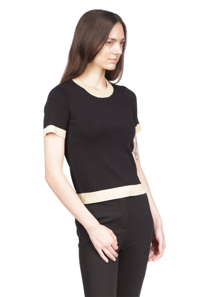 Womens Short Sleeve Metallic Trim Sweater 