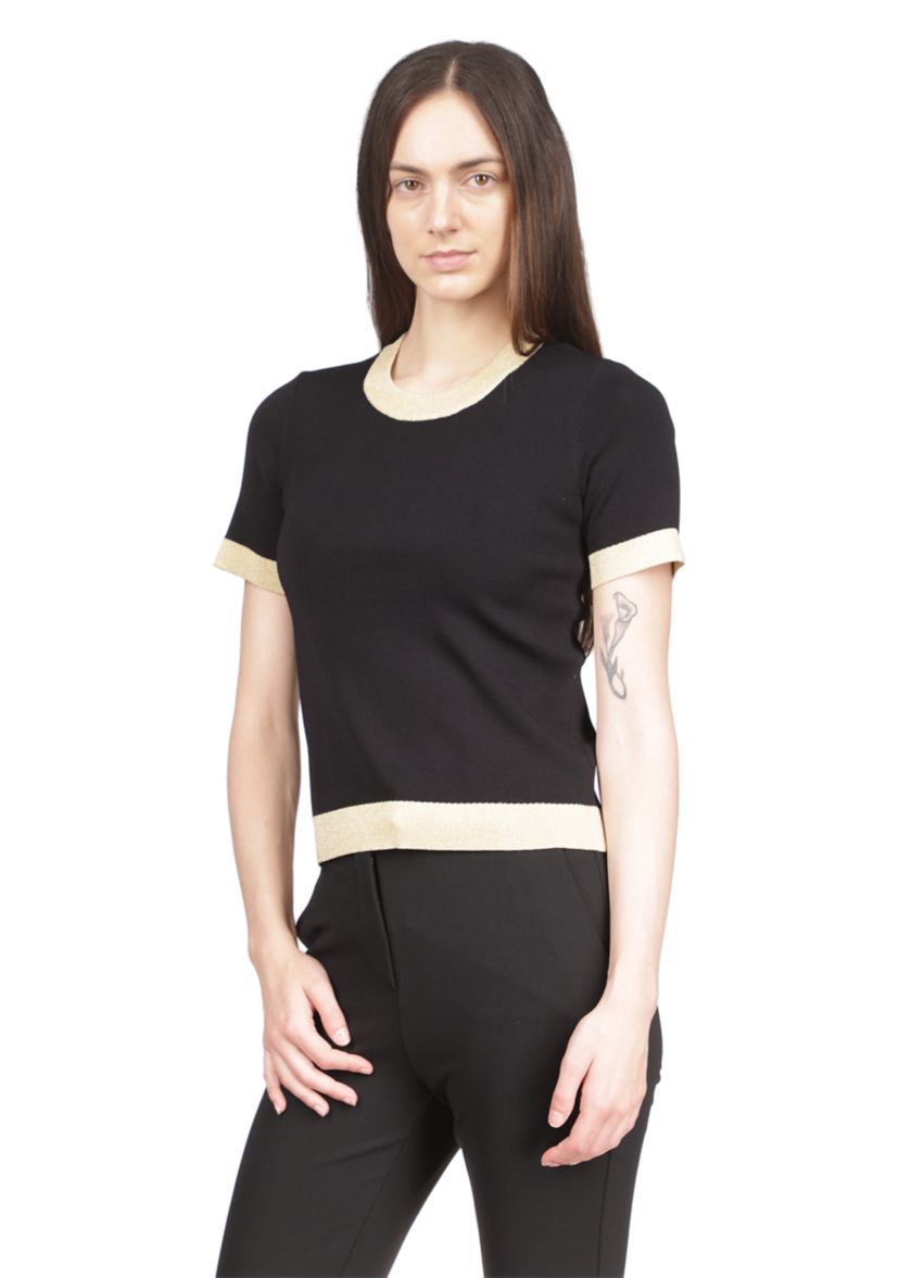 Womens Short Sleeve Metallic Trim Sweater 
