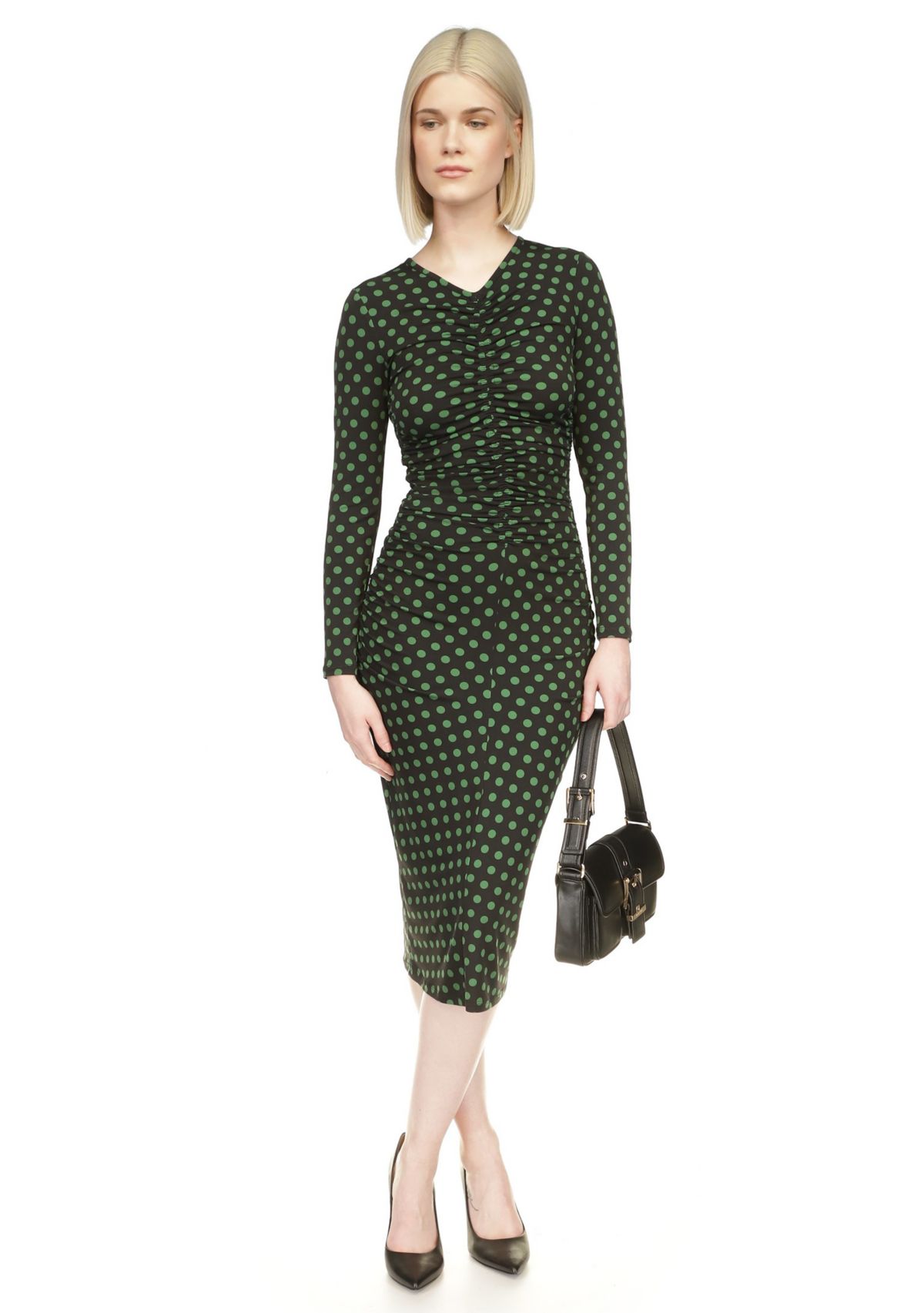 Womens Long Sleeve Ruched Midi Dres