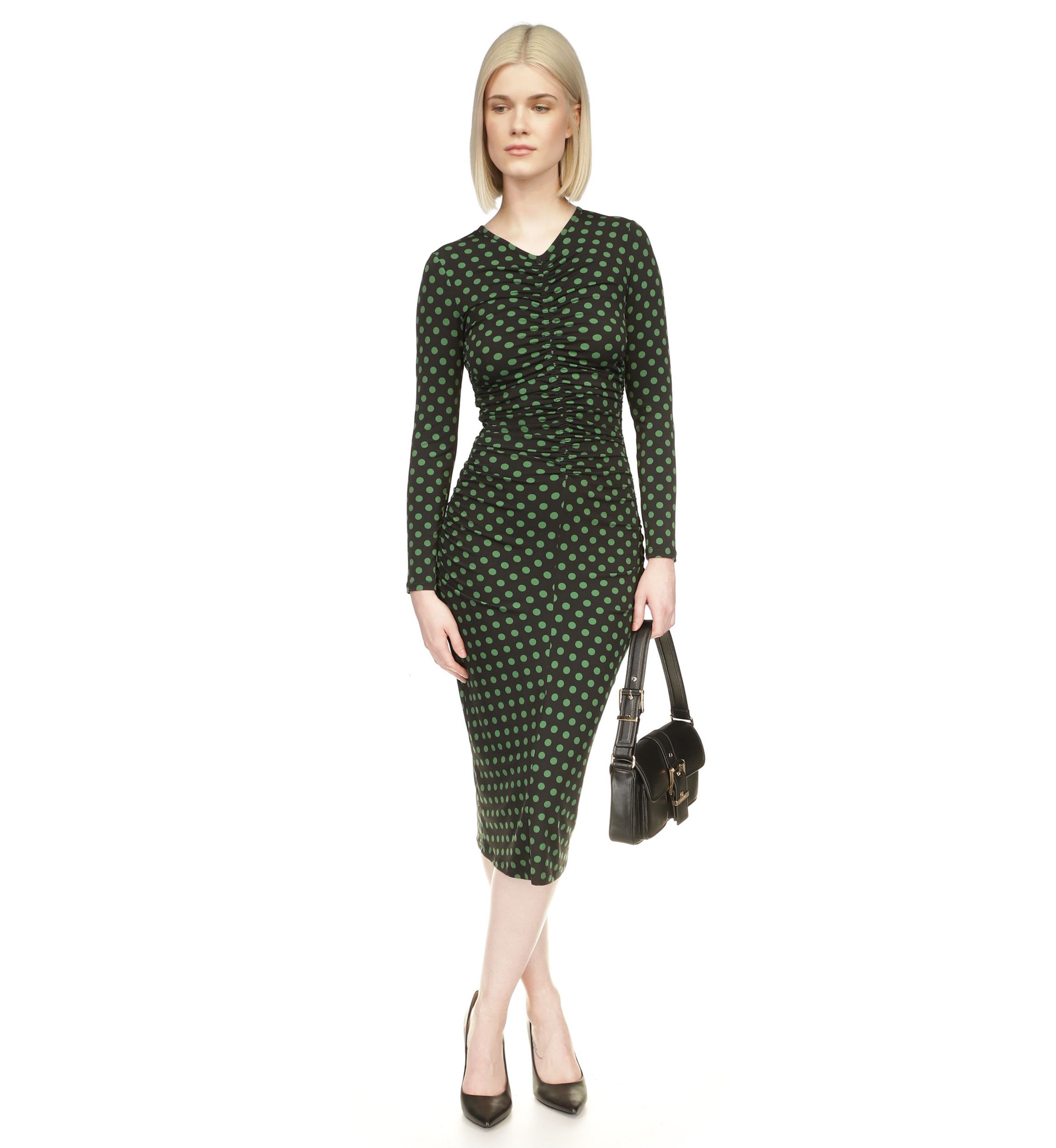 Womens Long Sleeve Ruched Midi Dres
