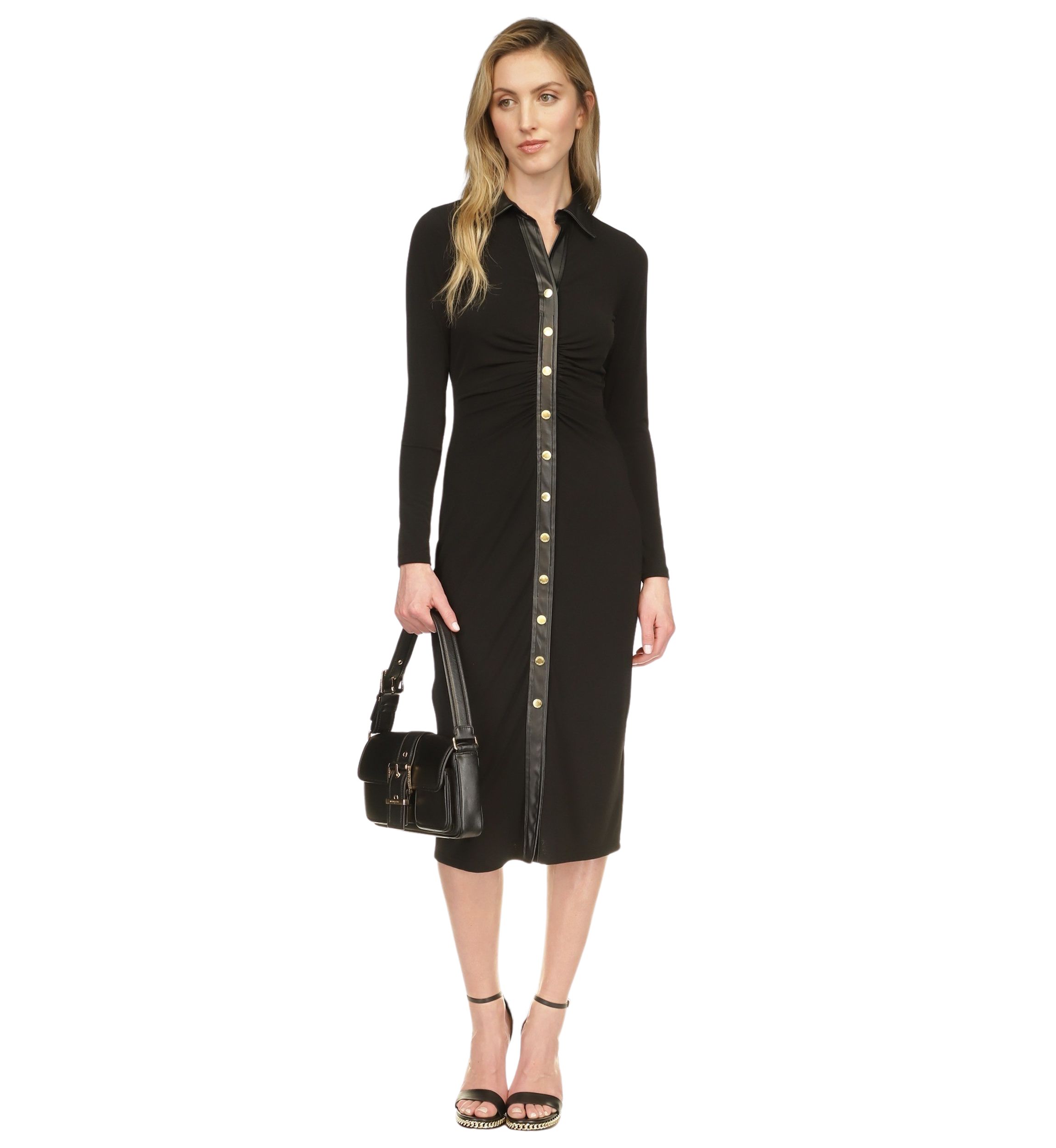 Womens Vegan Leather Trim Shirtdress