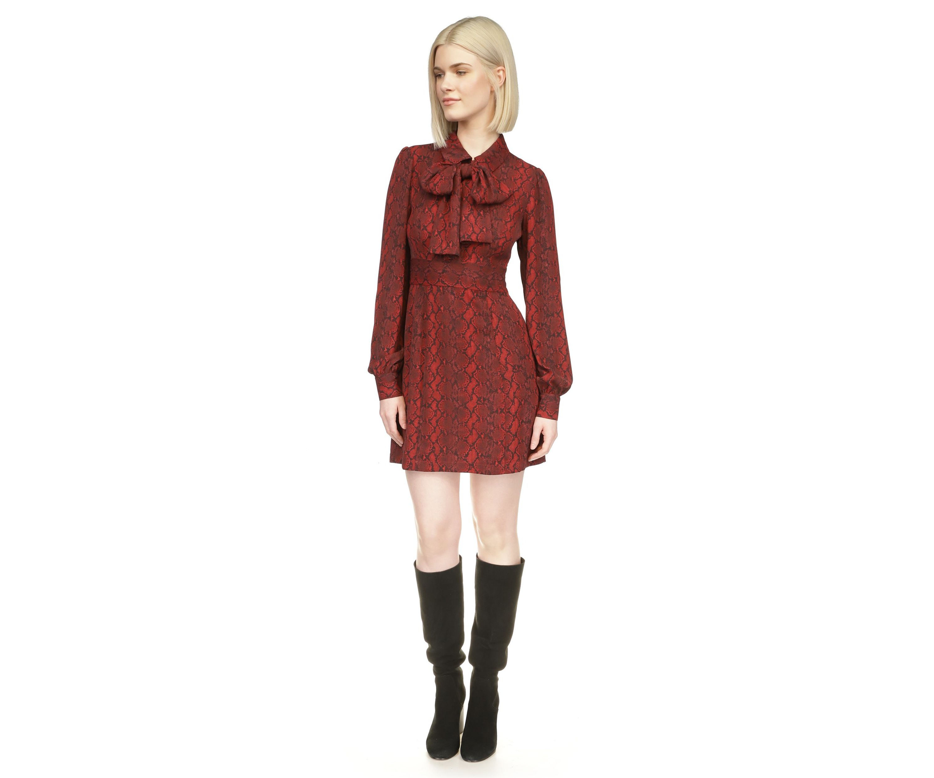 Womens Long Sleeve Bow Neck Snake Print Dress