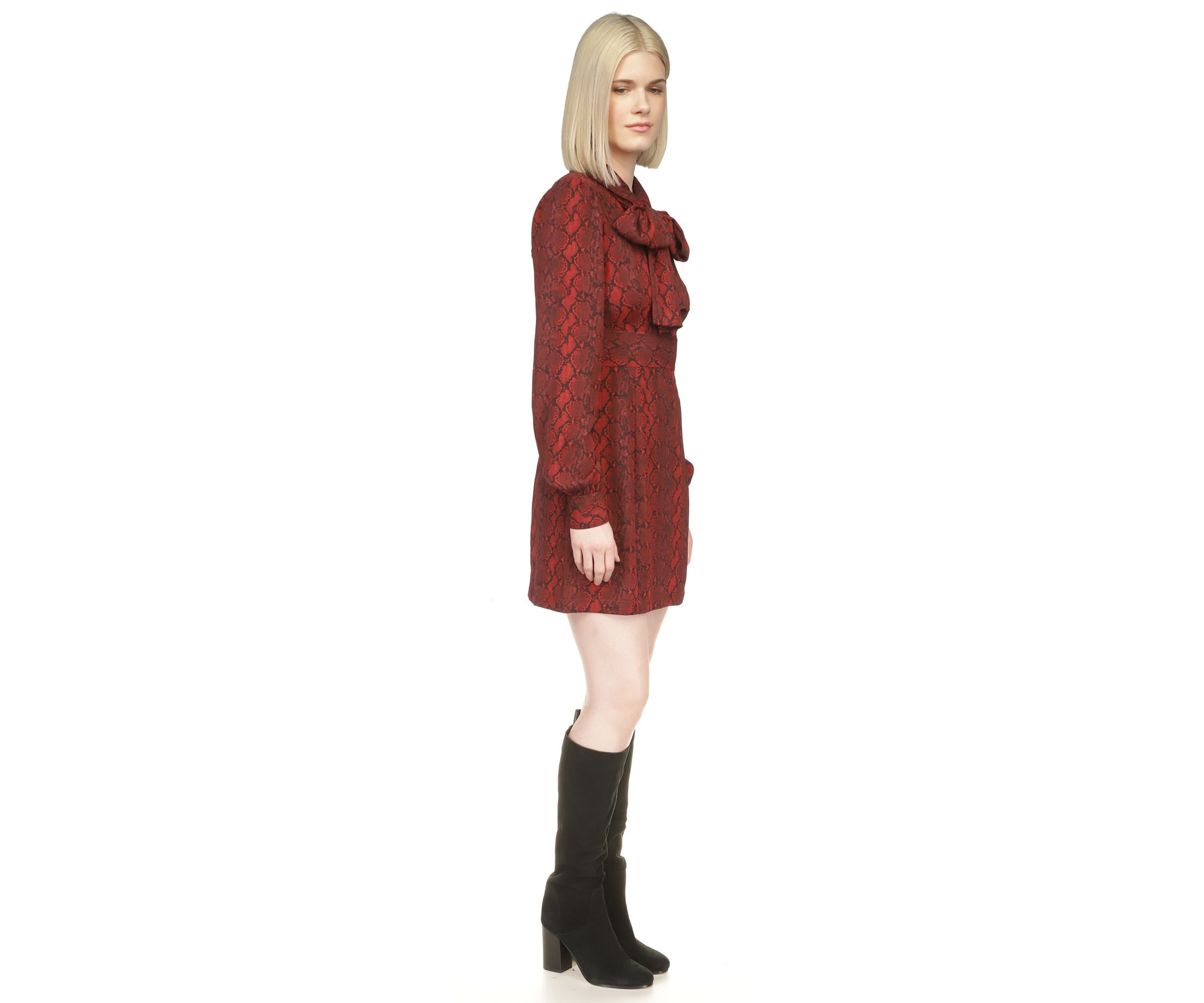 Womens Long Sleeve Bow Neck Snake Print Dress