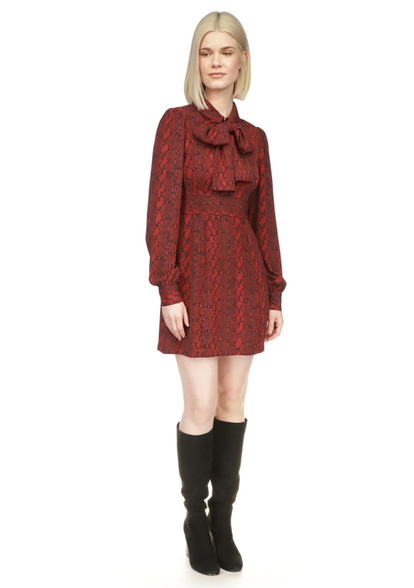 Womens Long Sleeve Bow Neck Snake Print Dress