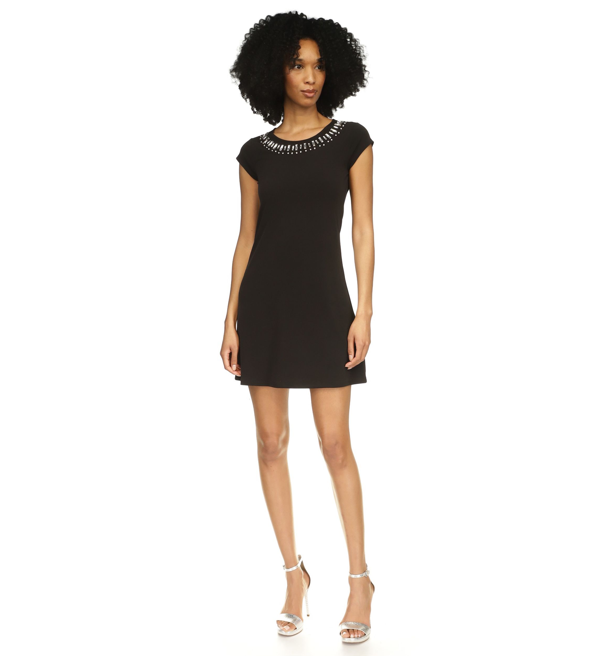 Womens Short Sleeve Gem Neck A-Line Dress