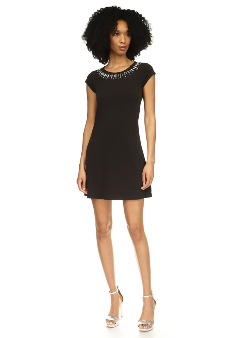 Womens Short Sleeve Gem Neck A-Line Dress