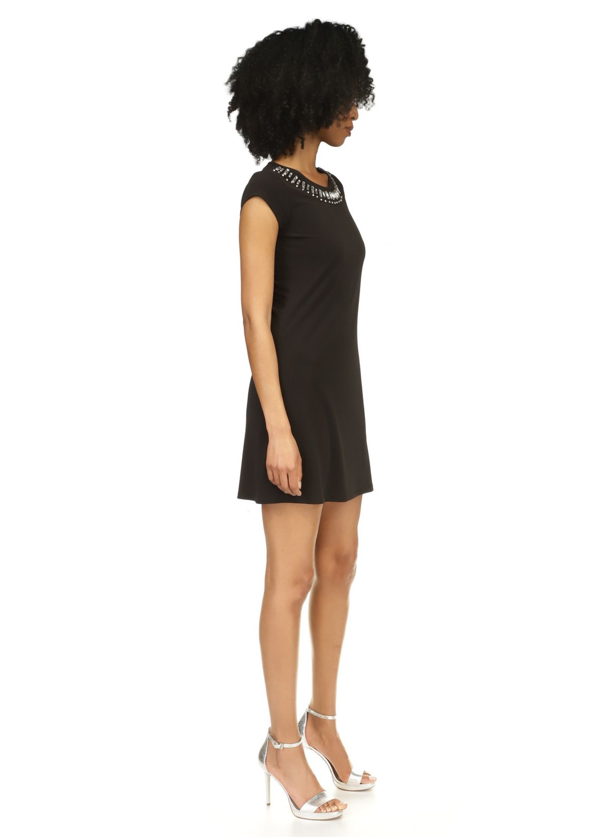 Womens Short Sleeve Gem Neck A-Line Dress