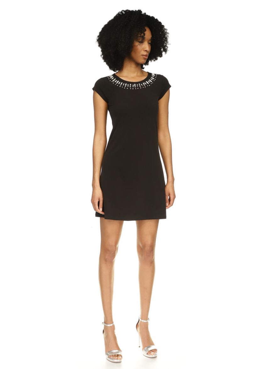 Womens Short Sleeve Gem Neck A-Line Dress