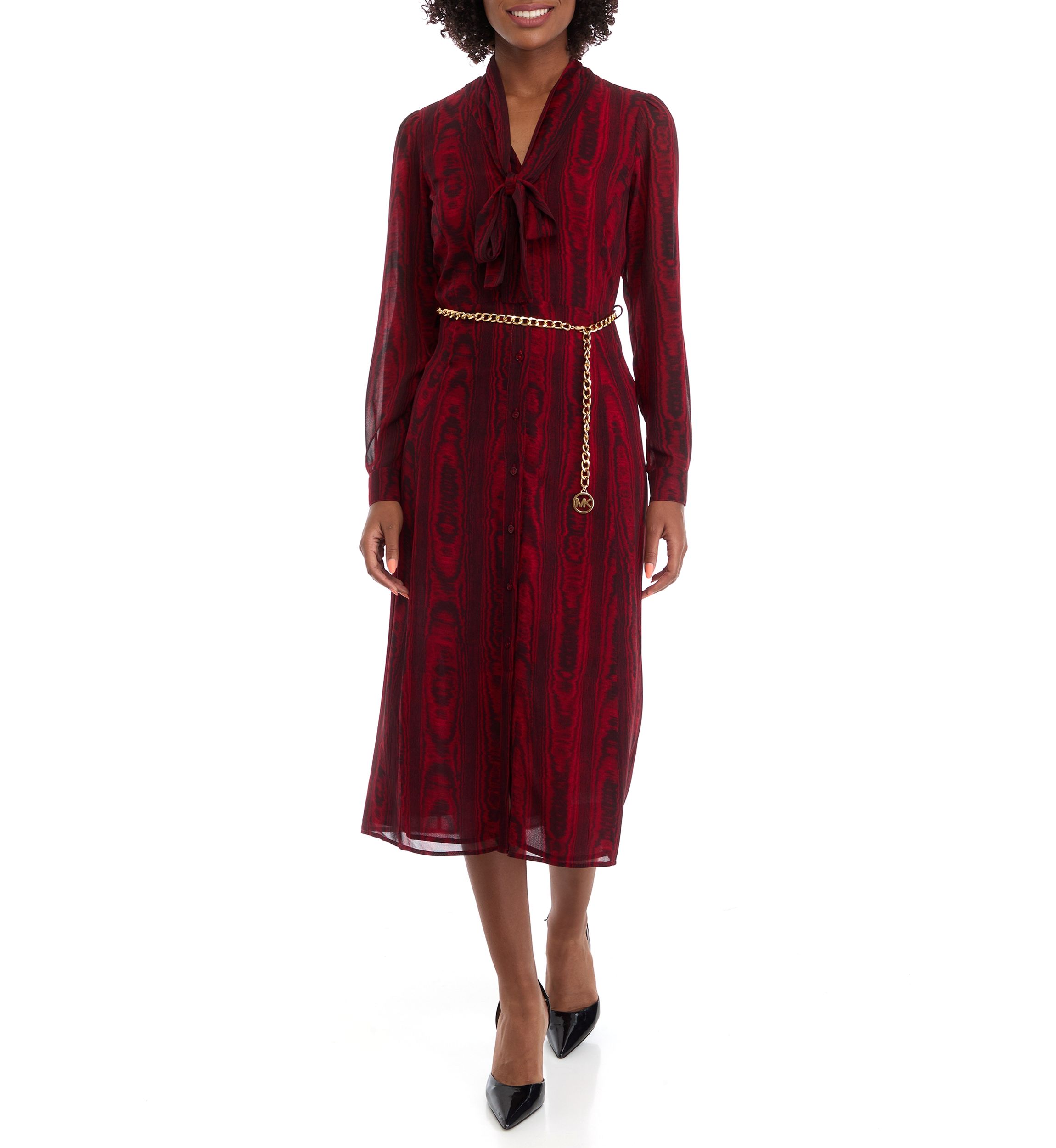Womens Bell Sleeve Belted Midi Dress
