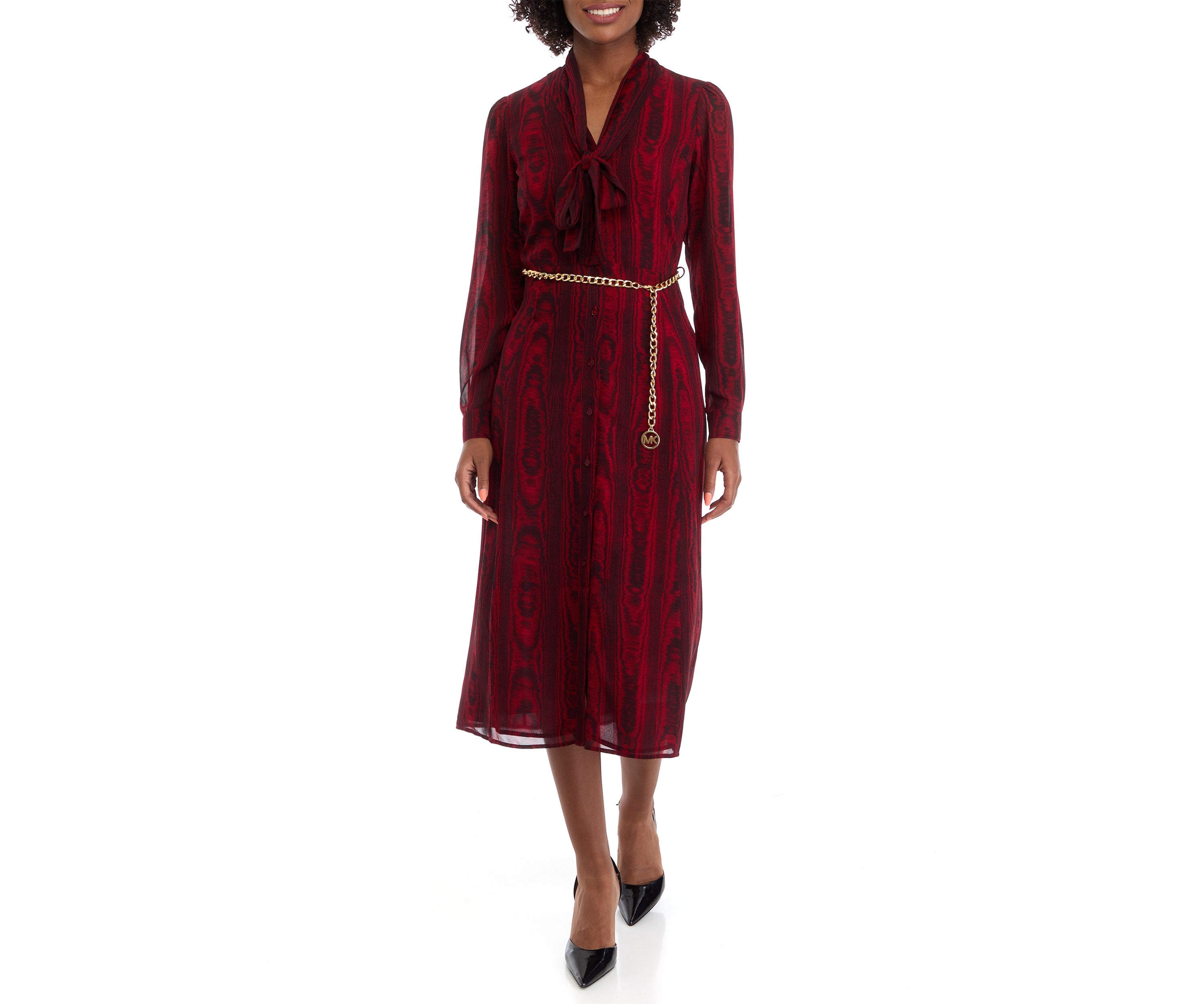 Womens Bell Sleeve Belted Midi Dress