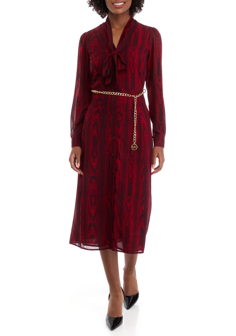 Womens Bell Sleeve Belted Midi Dress