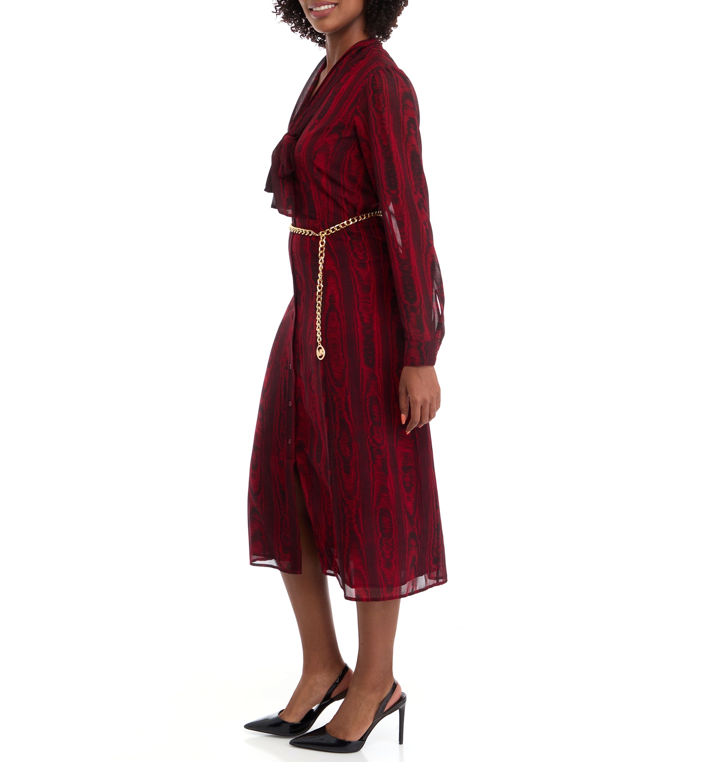Womens Bell Sleeve Belted Midi Dress
