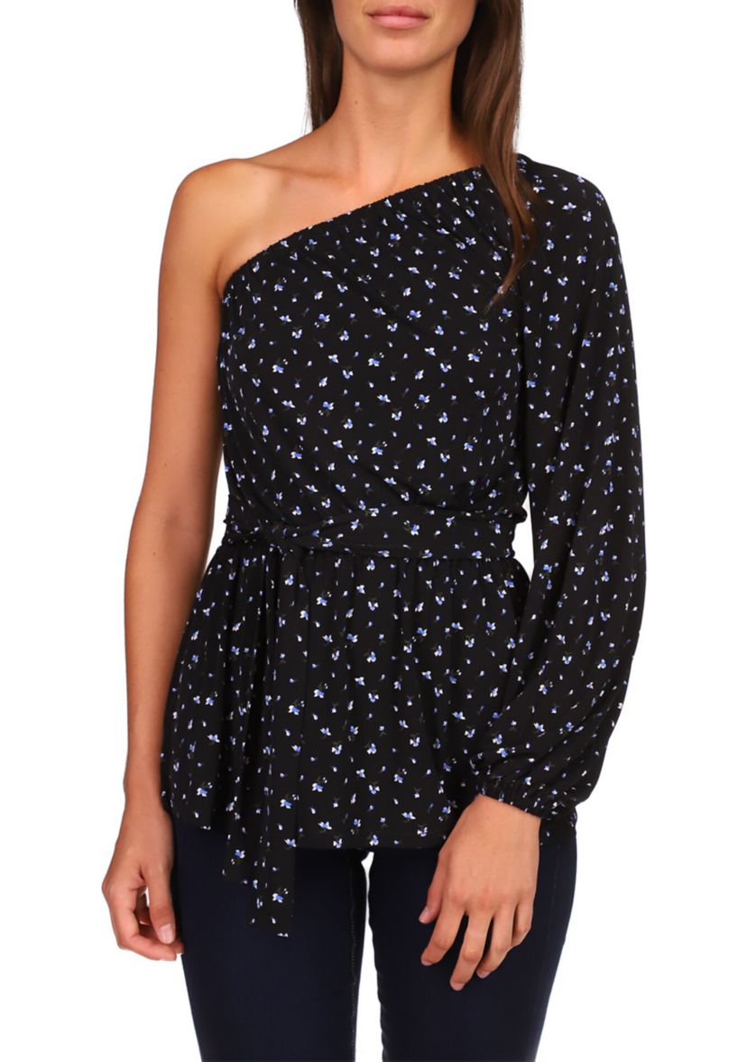 Womens One Shoulder Ditsy Floral Knit Top
