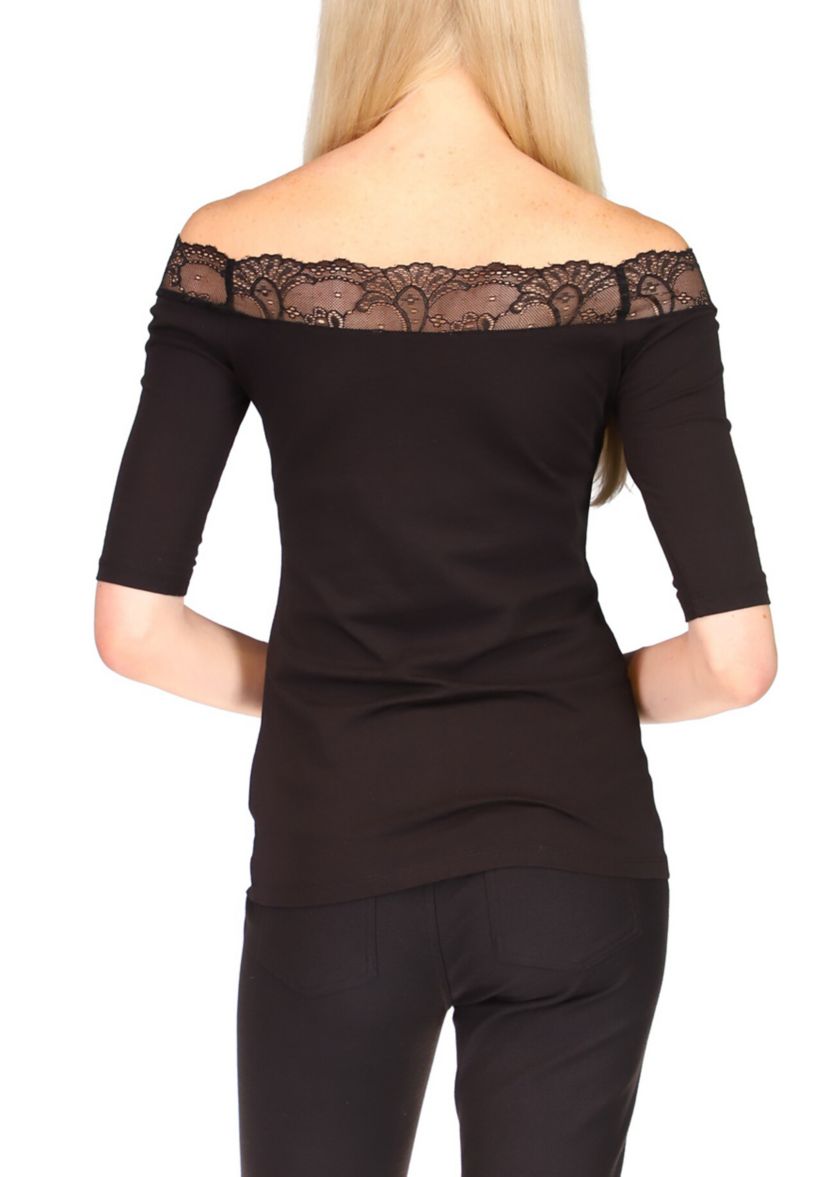 Elbow Sleeve Lace Trim Off-the-Shoulder Top