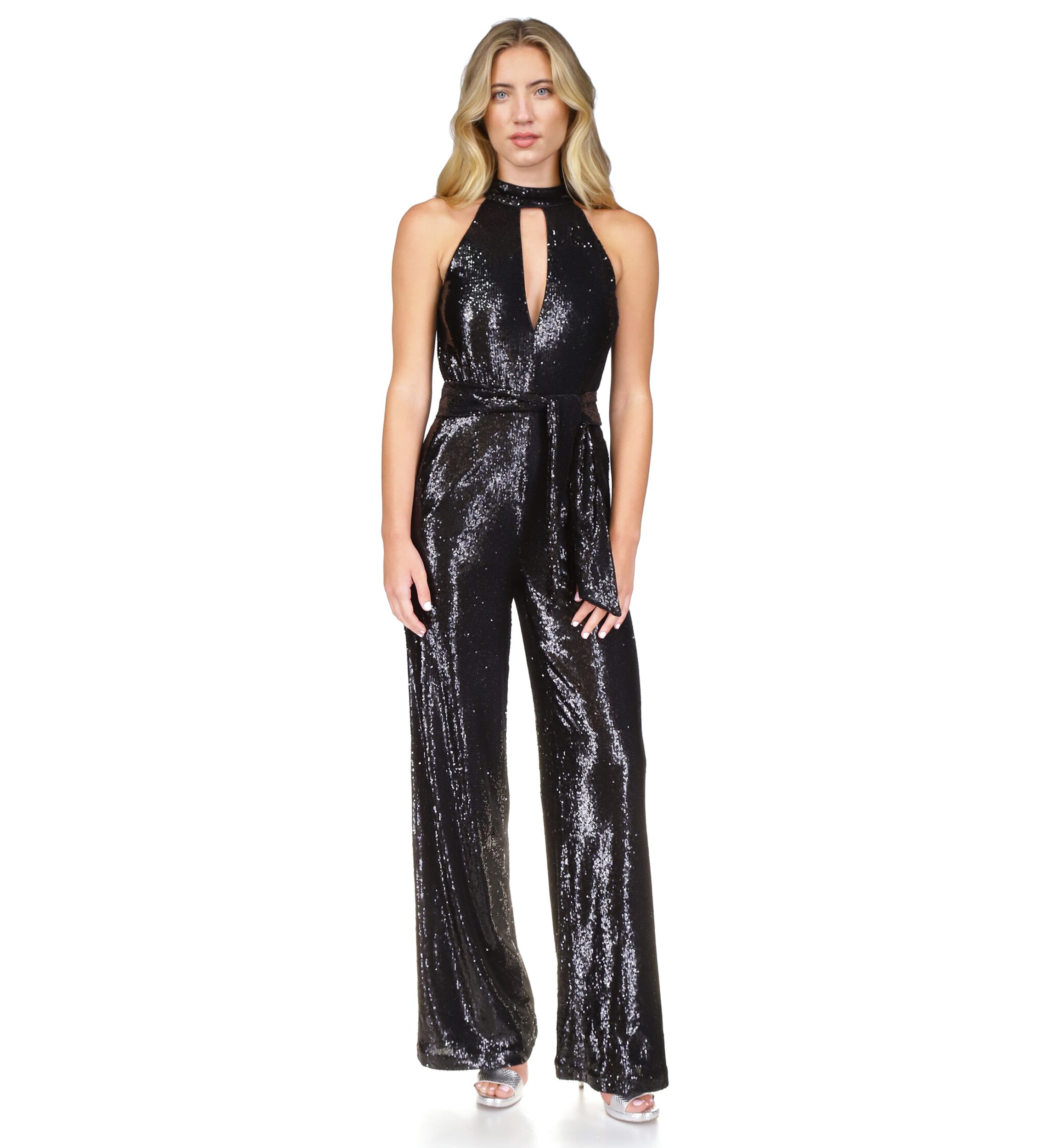 Womens Sequin Halter Wide Leg Jumpsuit 