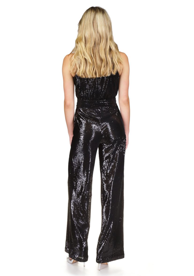 Womens Sequin Halter Wide Leg Jumpsuit 