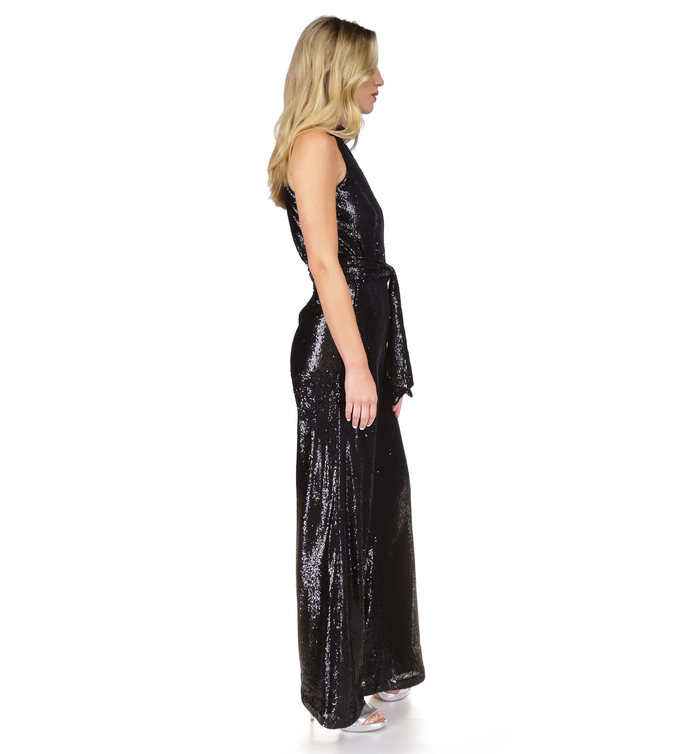 Womens Sequin Halter Wide Leg Jumpsuit 