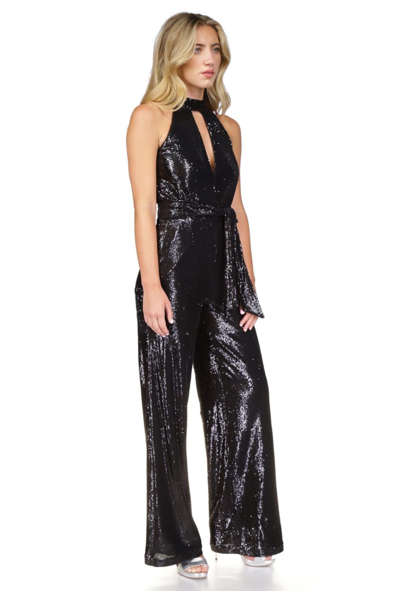Womens Sequin Halter Wide Leg Jumpsuit 