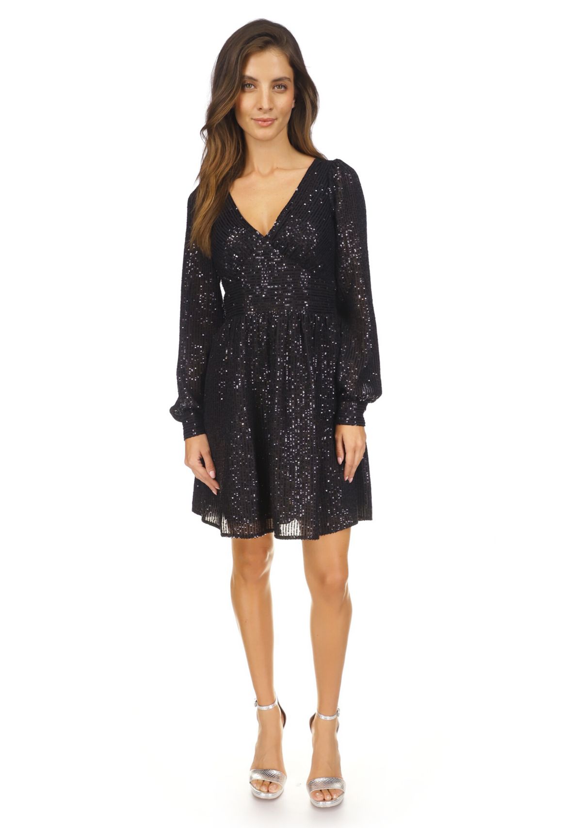 Womens Sequin Stripe Long Sleeve V-Neck Dress 