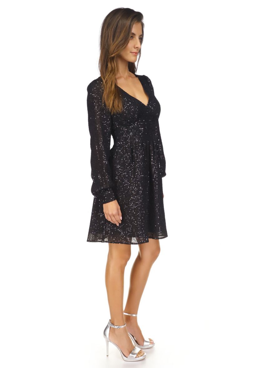 Womens Sequin Stripe Long Sleeve V-Neck Dress 