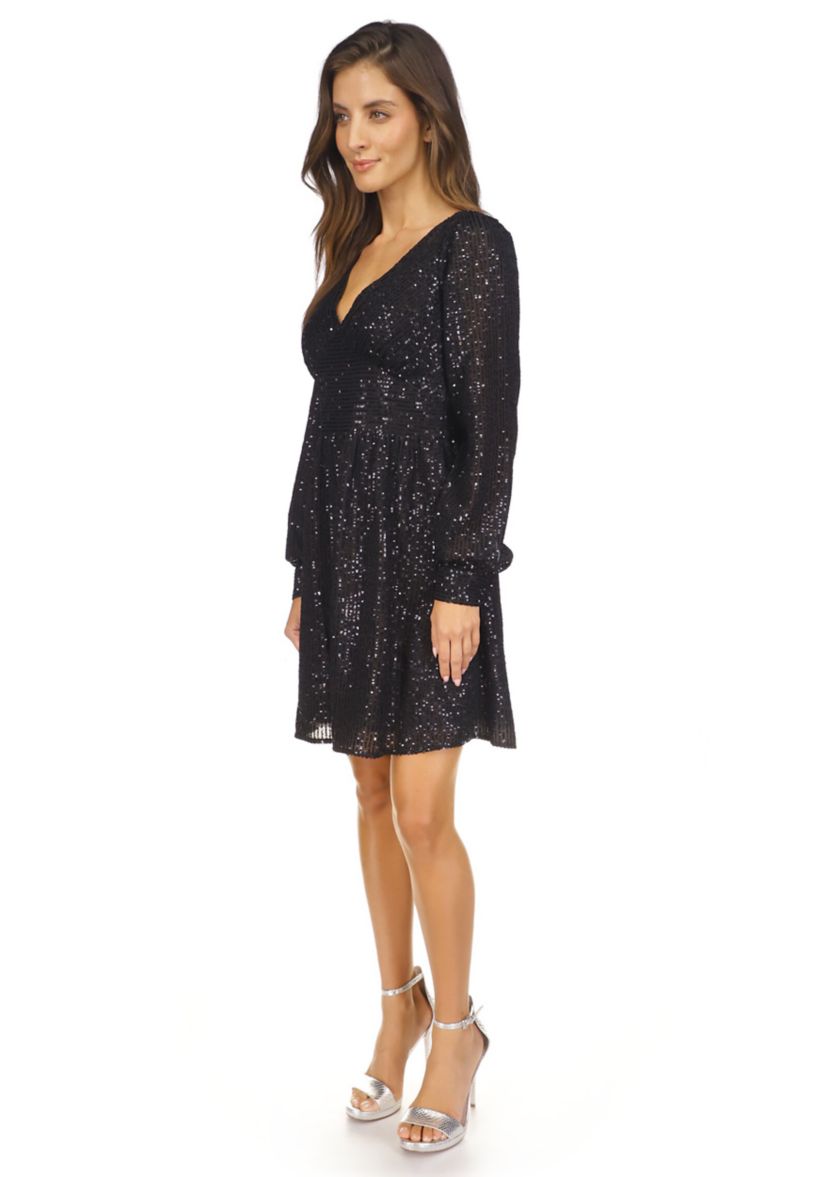 Womens Sequin Stripe Long Sleeve V-Neck Dress 
