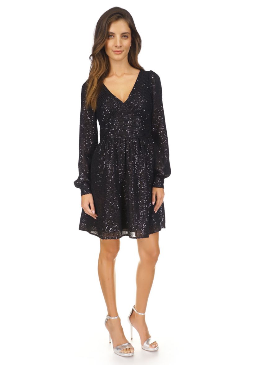 Womens Sequin Stripe Long Sleeve V-Neck Dress 