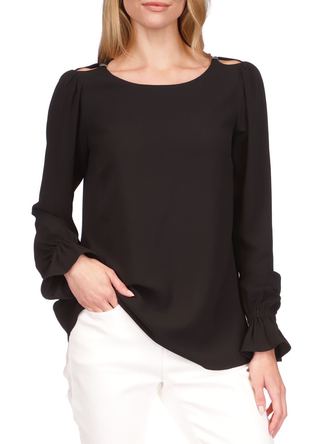 Womens Long Sleeve Solid Cold Shoulder Woven Top