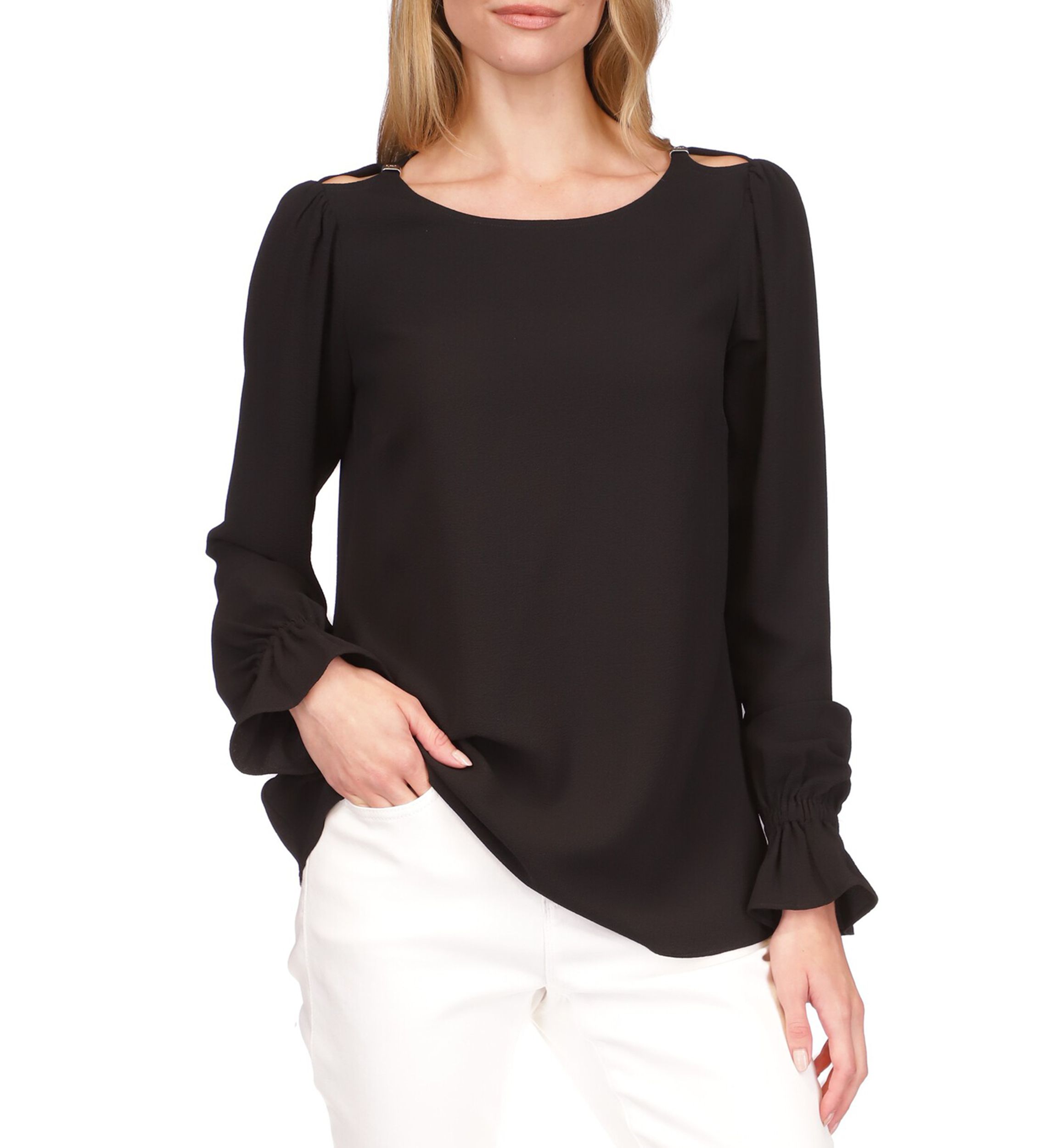 Womens Long Sleeve Solid Cold Shoulder Woven Top
