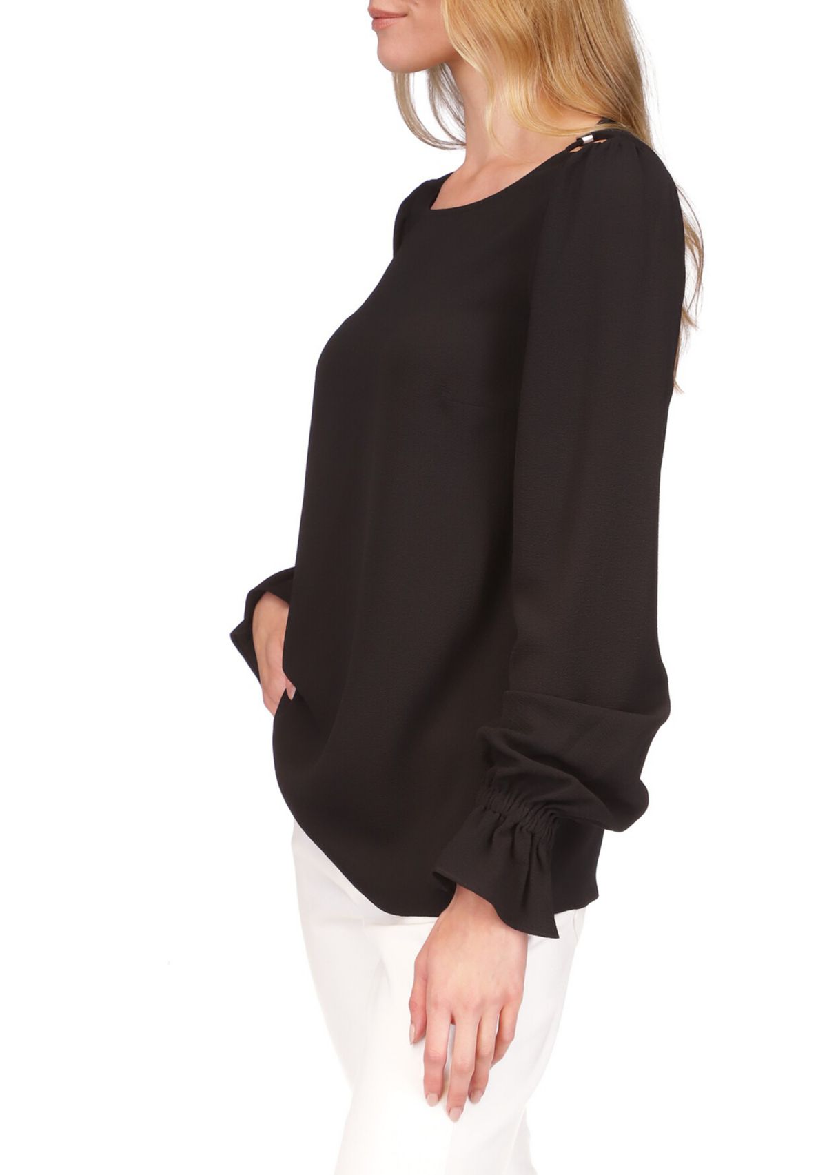 Womens Long Sleeve Solid Cold Shoulder Woven Top