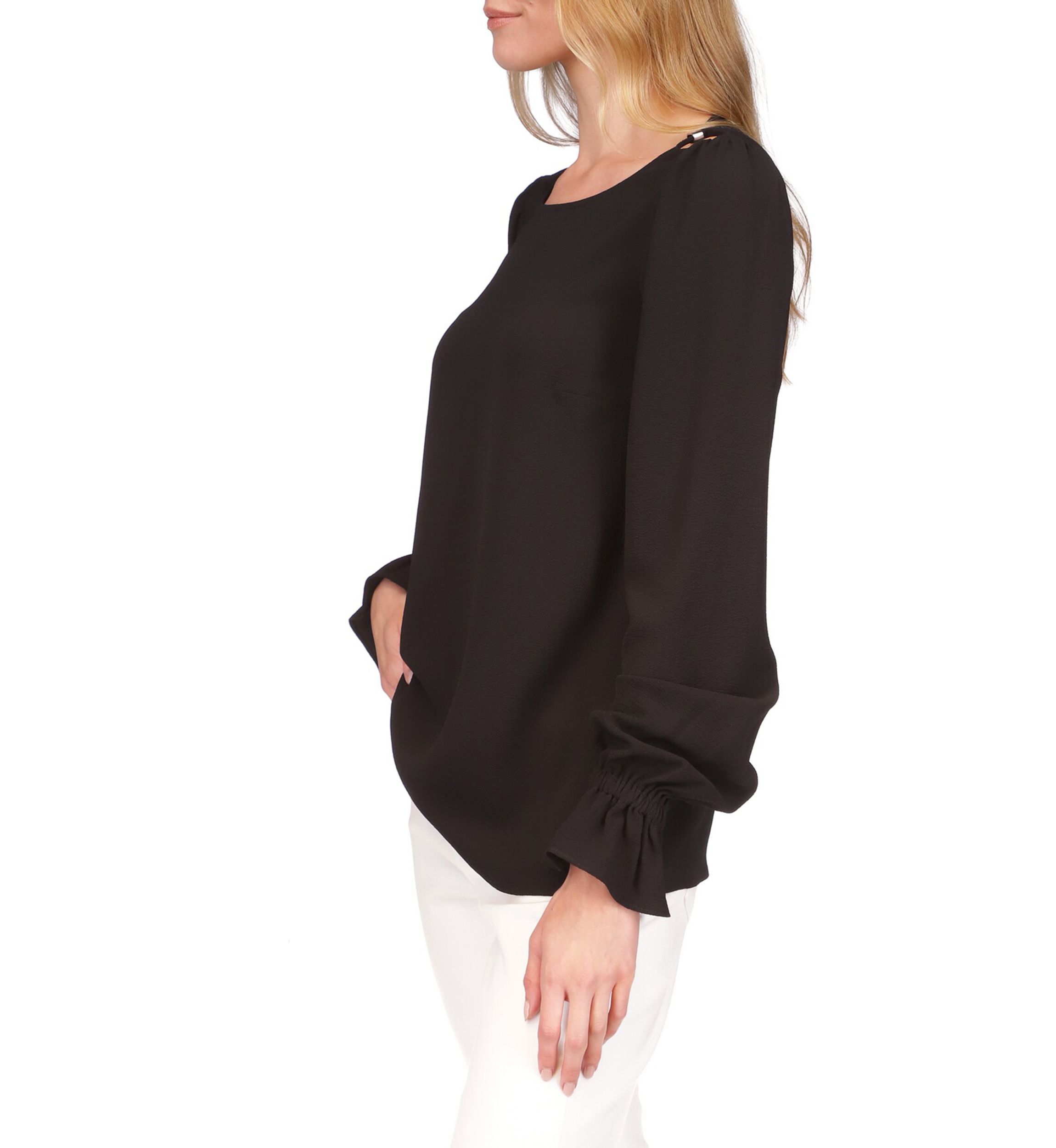 Womens Long Sleeve Solid Cold Shoulder Woven Top