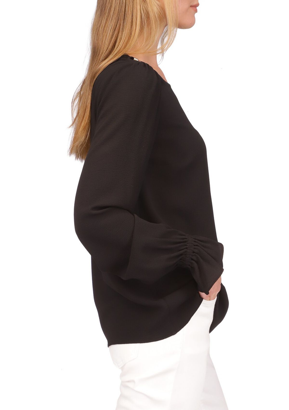 Womens Long Sleeve Solid Cold Shoulder Woven Top